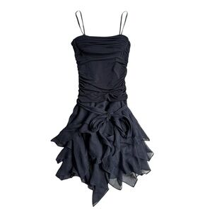 Y2K BCBG Black Flowy Silk Mini Dress Waist Tie Sash Goth Fairy Dress Style S